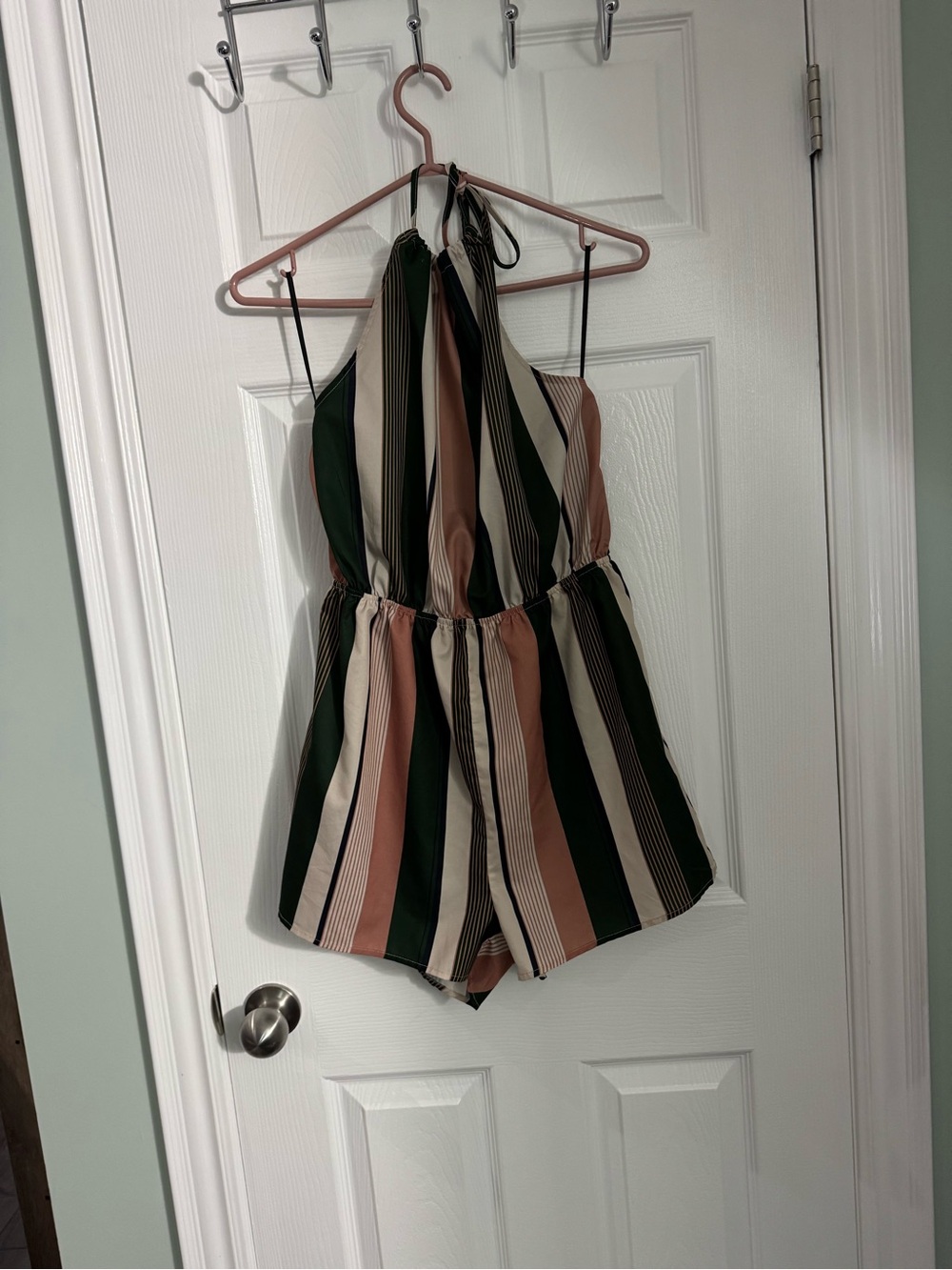 SHEIN Striped Halter Romper in Green, Cream & Tan
